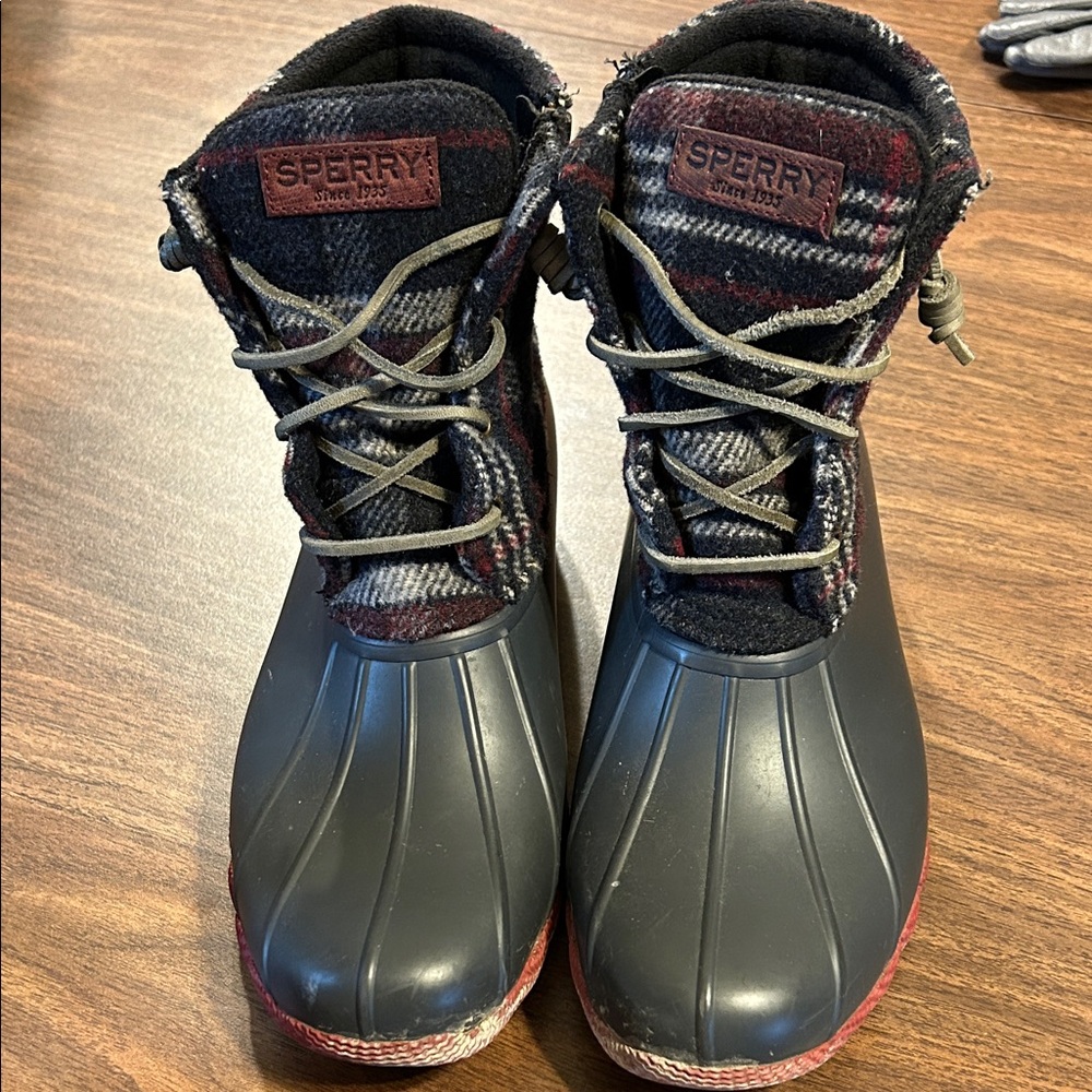 Sperry Black and Red Plaid Duck Boots